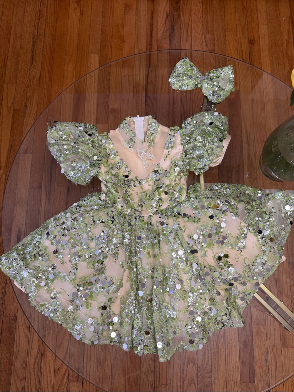 Othr Green Sequin Floral Girls' Formal Dress with Bow